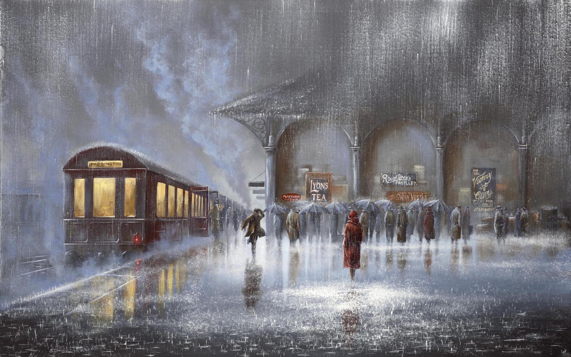 picture, Jeff, Rowland, Station, Rain, Meeting, Man, Woman, People, Umbrellas, Car, Train, Platform, Men, Women Wallpaper