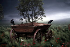 art, Painting, Vehicles, Wagon, Rustic, Landscapes, Flowers, Sky, Trees, Birds, Crow, Raven, Mood