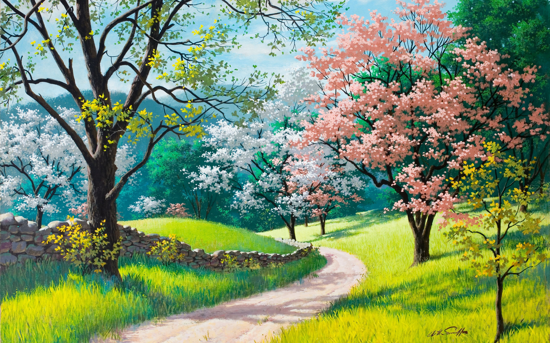 blossoms, Painting, Spring, Arthur, Saron, Sarnoff, Trees, Path, Trail, Fence, Grass Wallpaper