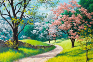 blossoms, Painting, Spring, Arthur, Saron, Sarnoff, Trees, Path, Trail, Fence, Grass