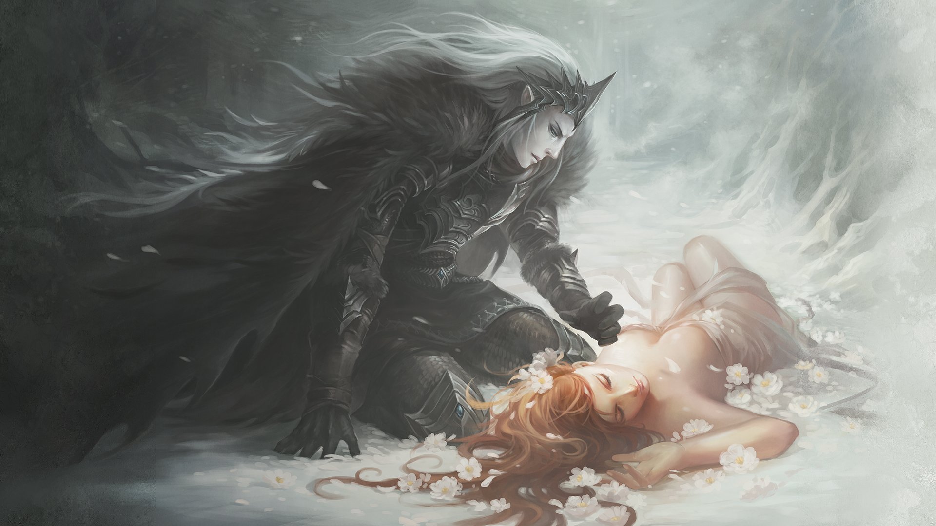 devil, Evil, Angel, Love, Flower, Long, Hair, Snow, Girl, Fantasy Wallpaper