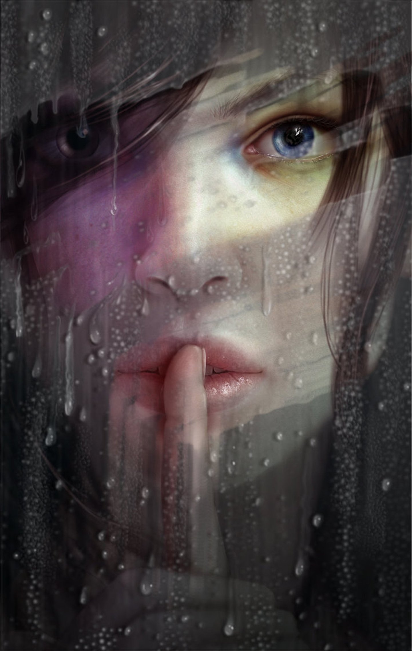 art, Girl, Blue, Eyes, Shut, Up, Window, Water, Rain Wallpaper