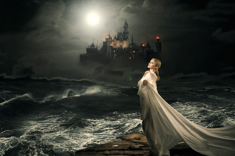 girl, Castle, Sea, Night, Women, Gothic HD Wallpaper Desktop Background