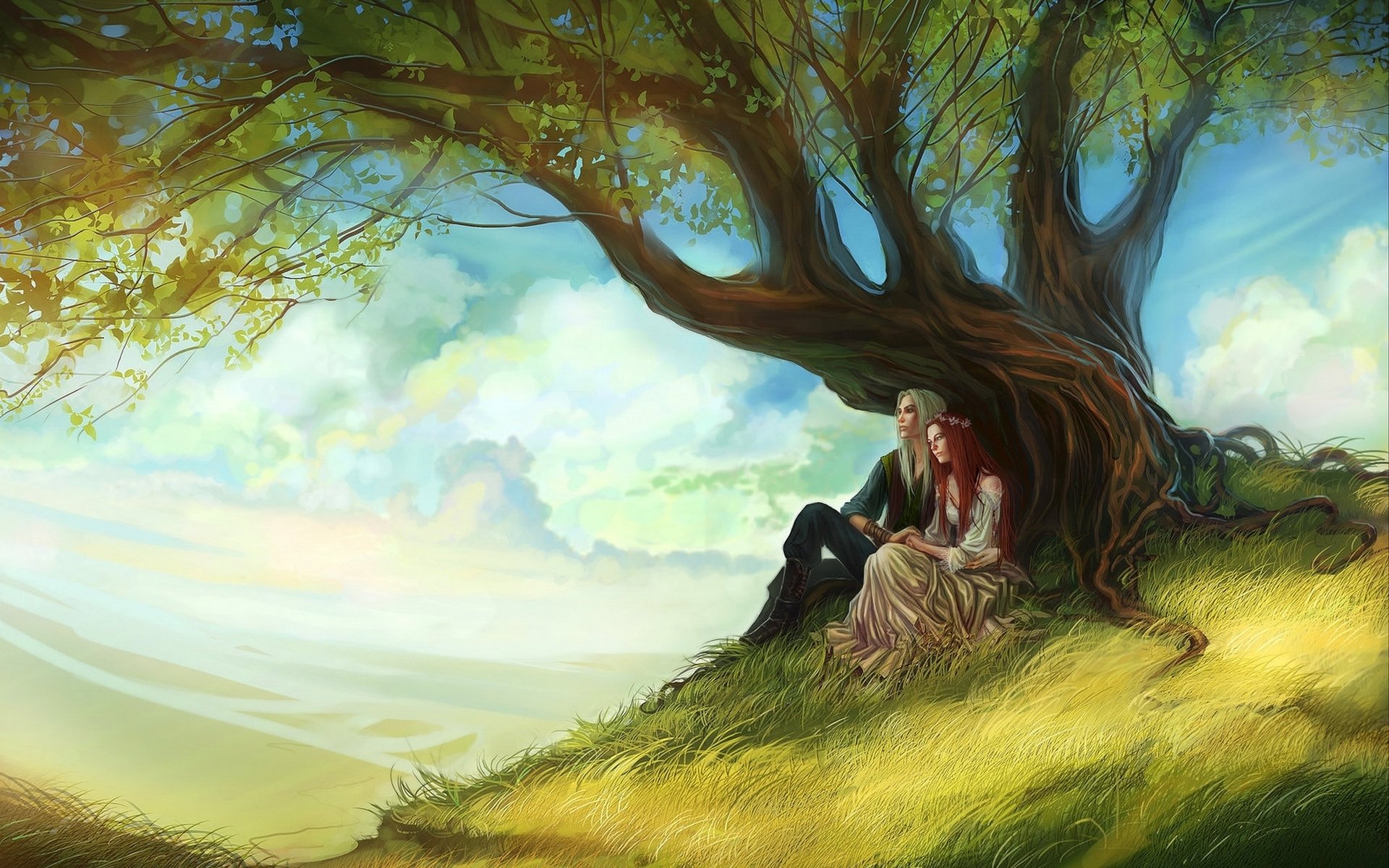 art, Couple, In, Love, Tree, Girl, Long, Hair, Guy, Red, Hair, Leaves, Sky, Clouds Wallpaper