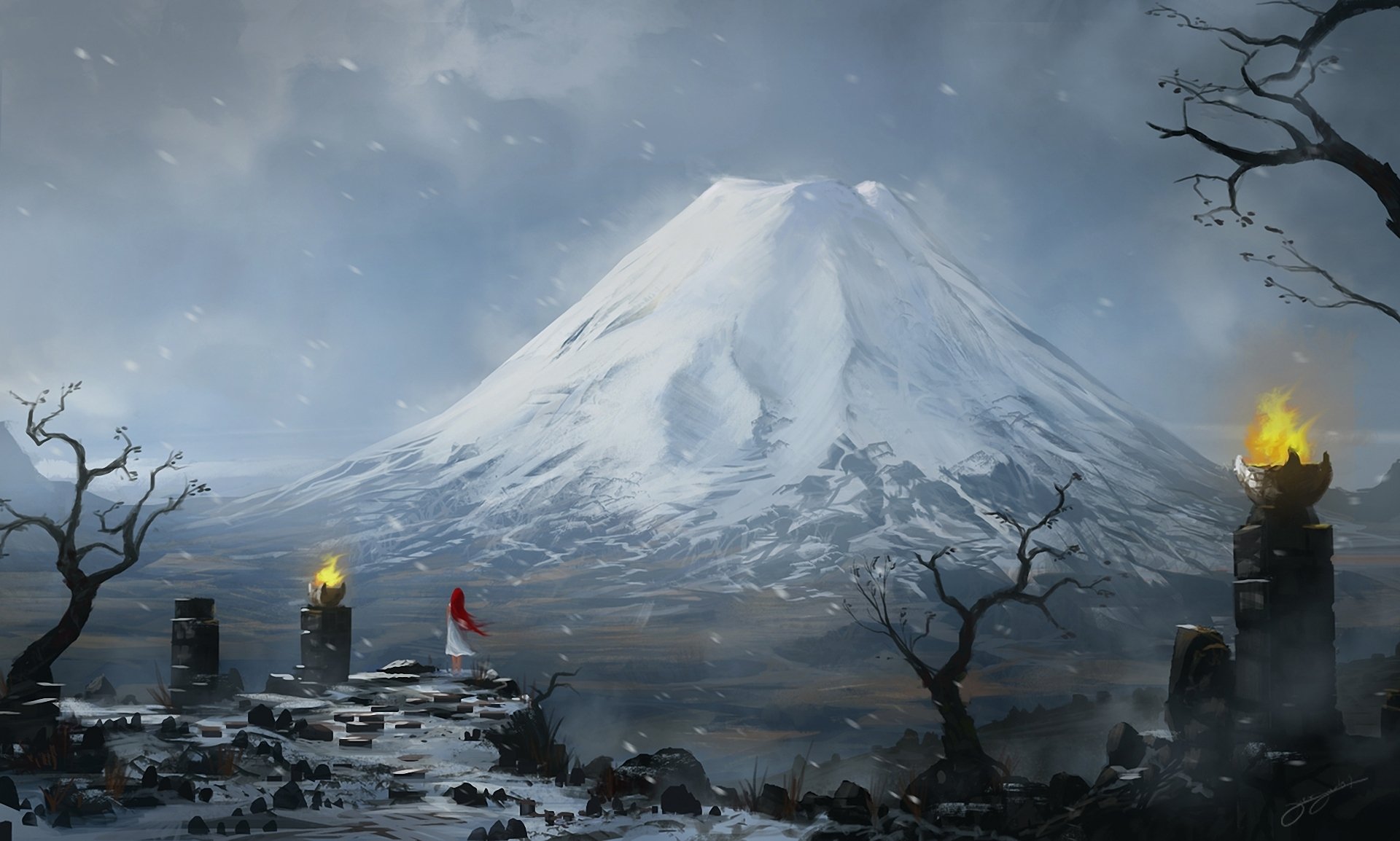 art, Mountain, Peak, Snow, Girl, Ginger, Fire, Stones, Blizzard Wallpaper