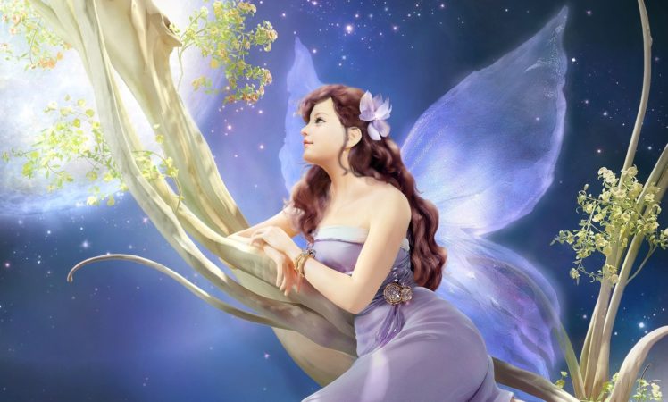 art, Girl, Wings, Fairy, Moon, Night, Tree, Branch, Flower, Jewelry HD Wallpaper Desktop Background