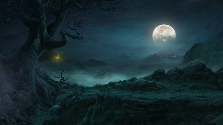 hut, Diablo, 3, Tree, Night, Landscape, Clouds, The, Moon, Rock HD Wallpaper Desktop Background