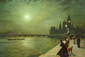 moon, Painting, John, Atkinson, Grimshaw, Promenade, Night, People, Art, Buildings, Cities, Rivers
