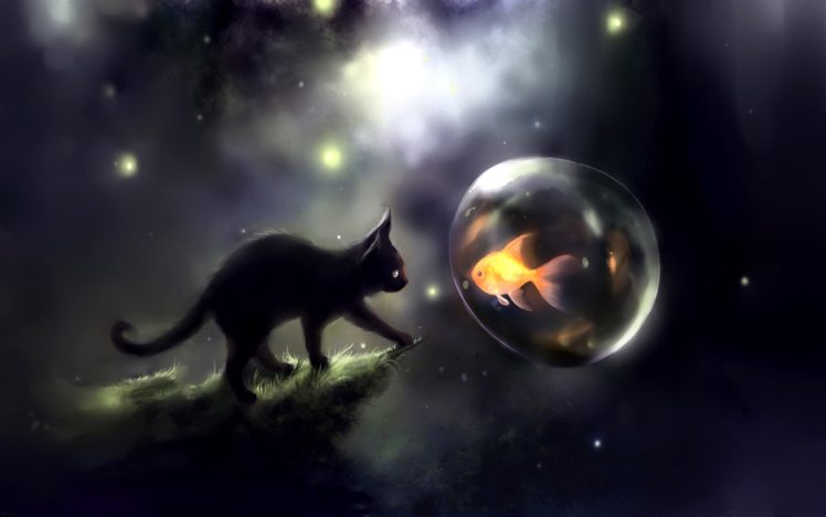 kitten, Dreams, Art, Cat, Fish, Water, Balloon HD Wallpaper Desktop Background
