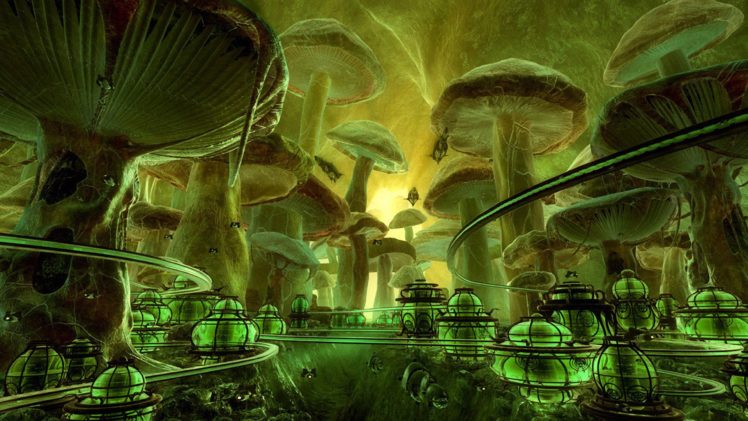green, Cityscapes, Valley, Mushrooms, Fantasy, Art, Spaceships, City, Lights, Science, Fiction, Vehicles, Transports, Fungus, Cities HD Wallpaper Desktop Background