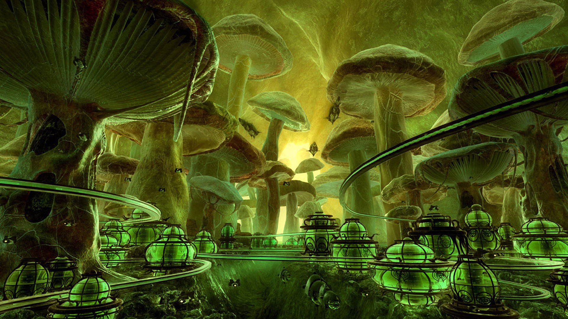 green, Cityscapes, Valley, Mushrooms, Fantasy, Art, Spaceships, City, Lights, Science, Fiction, Vehicles, Transports, Fungus, Cities Wallpaper