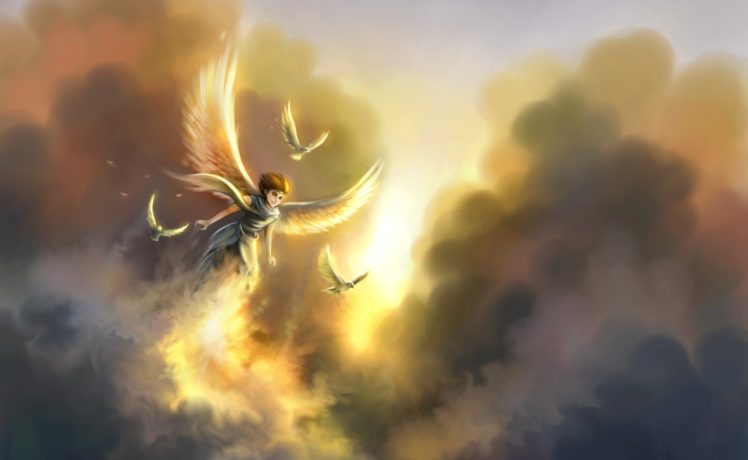 angel, Fantasy, Birds, Flight, Sunset, Sunrise, Sky, Clouds, Wings HD Wallpaper Desktop Background