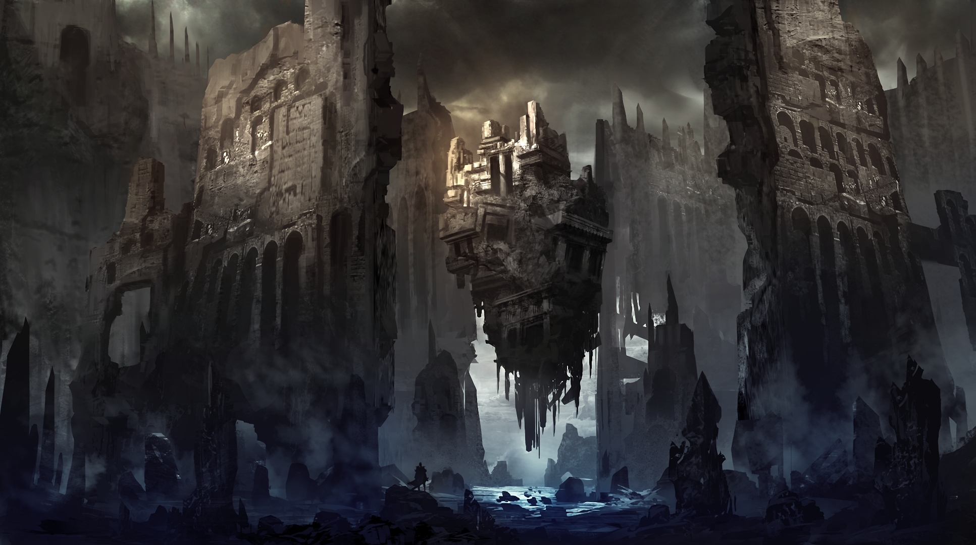 art, Ruins, Castle, Fort, River, Rocks, The, Sky, People, Debris, Fog, Haze Wallpaper