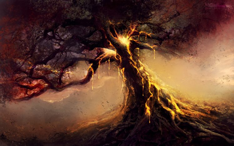 trees, Srt, Fantasy, Fire, Landscapes, Fire HD Wallpaper Desktop Background