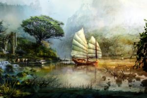 fantasy, World, Landscape, Tree, Water, Bay, Ship