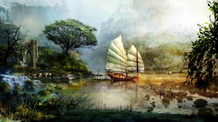fantasy, World, Landscape, Tree, Water, Bay, Ship HD Wallpaper Desktop Background