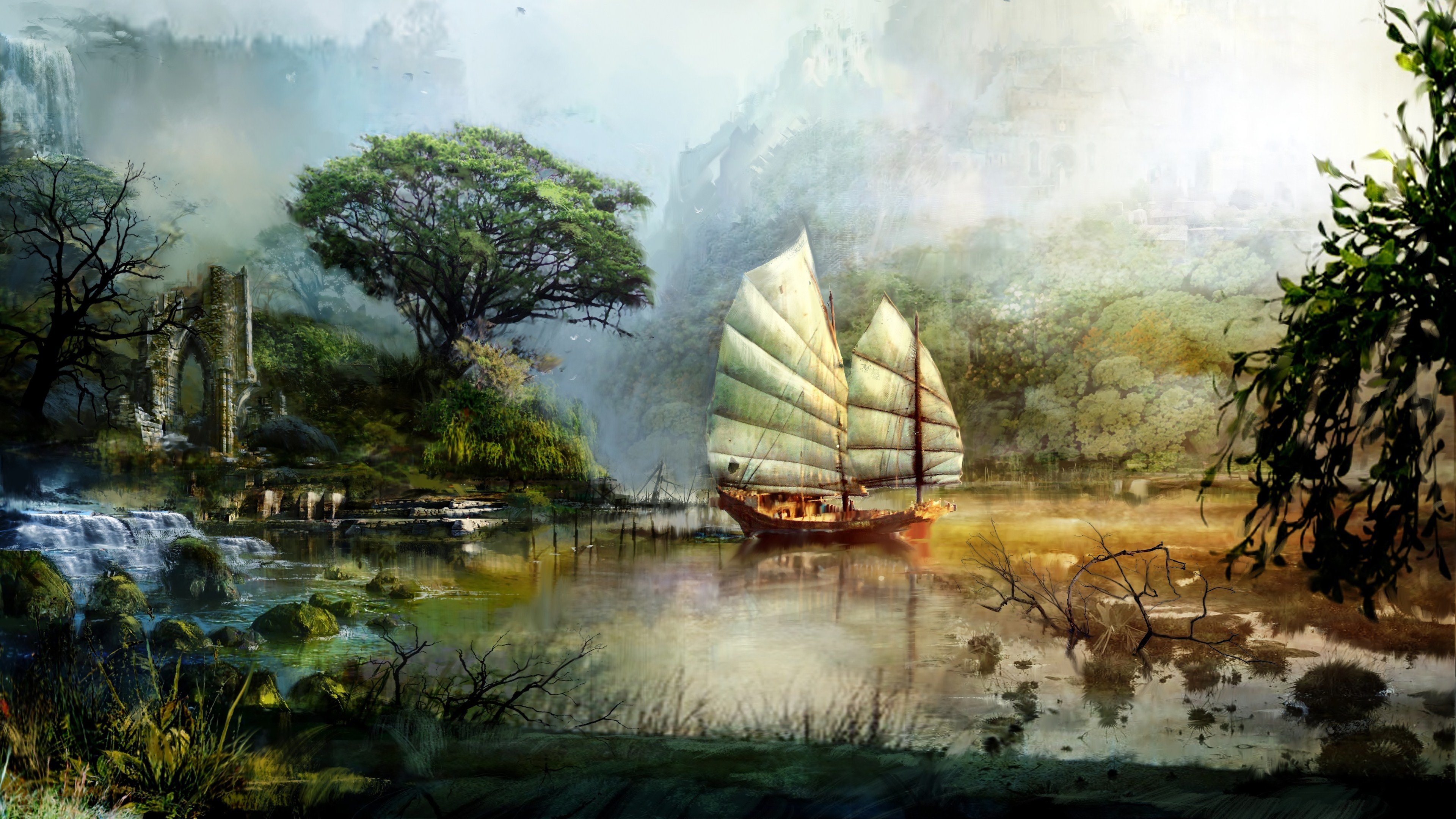 fantasy, World, Landscape, Tree, Water, Bay, Ship Wallpaper