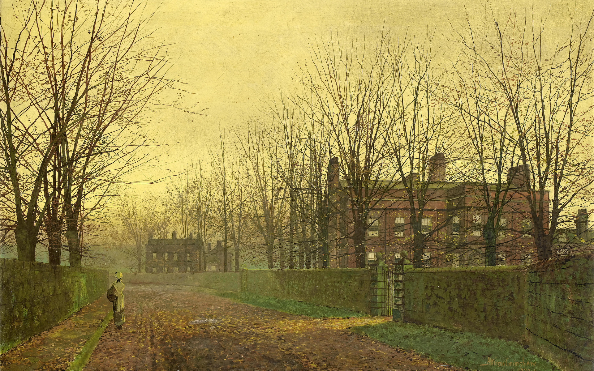 street, Painting, John, Atkinson, Grimshaw, Alley, Autumn, Buildings, Houses, Girls, Women, Females, Roads, Fall, Fence, Architecture Wallpaper