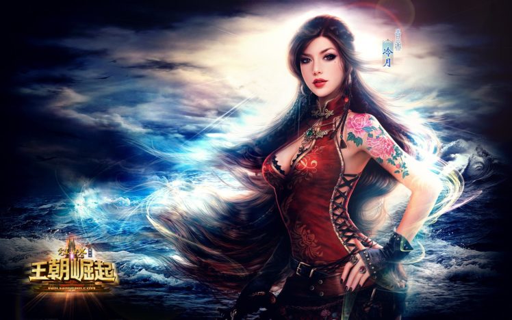 fantasy, Girl, Warrior, Sea, Tattoo, Long, Hair, Sky, Beautiful HD Wallpaper Desktop Background