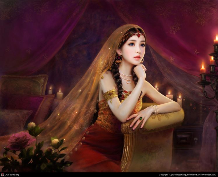 fantasy, Girl, Red, Dress, Long, Hair, Ornament, Candle, Rose, Flower HD Wallpaper Desktop Background