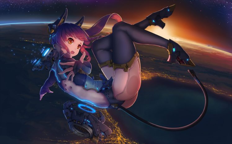 original characters, Purple hair, Pink hair, Falling, Space, Cyborg, Anime girls, Thigh highs, Anime HD Wallpaper Desktop Background