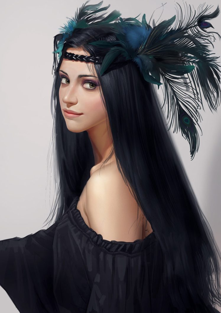 art, Fantasy, Long, Hair, Girl, Beautiful, Face, Smile, Black, Dress HD Wallpaper Desktop Background
