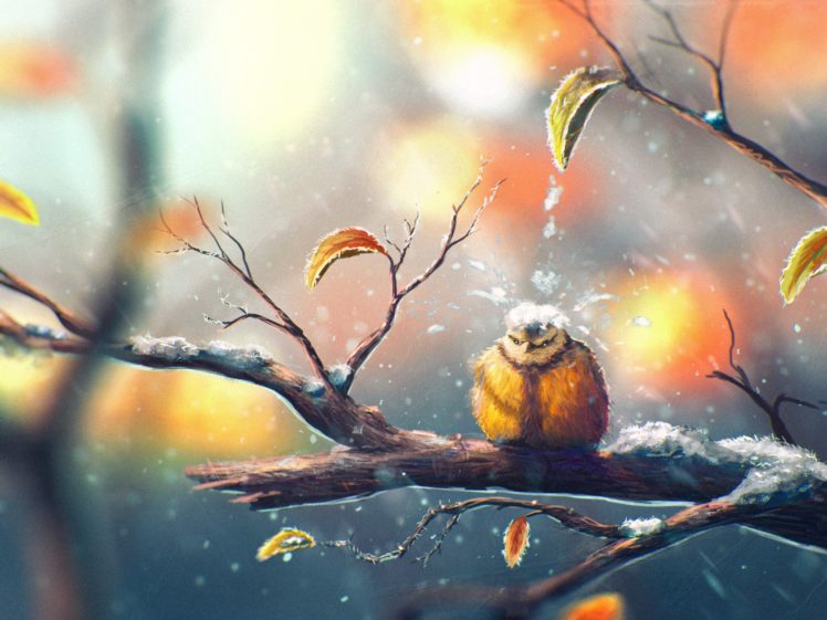 birds, Trees, Snow, Foliage, Nature, Animals, Winter, Artwork, Painting, Humor, Funny, Situation HD Wallpaper Desktop Background