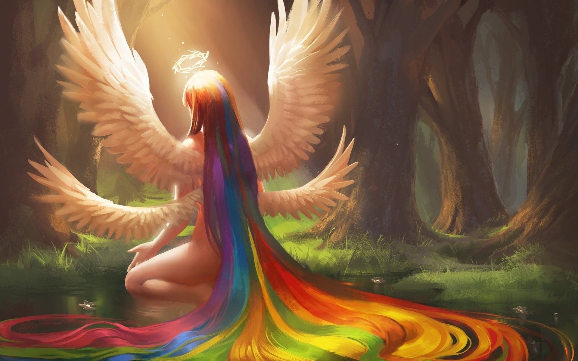 fantasy, Girl, Color, Rainbow, Hair, Wings, Angel, Tree, Forest Wallpaper