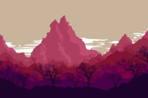 mountains, Digital art, Artwork, Trees, Pink, Sky, Nature, Clouds