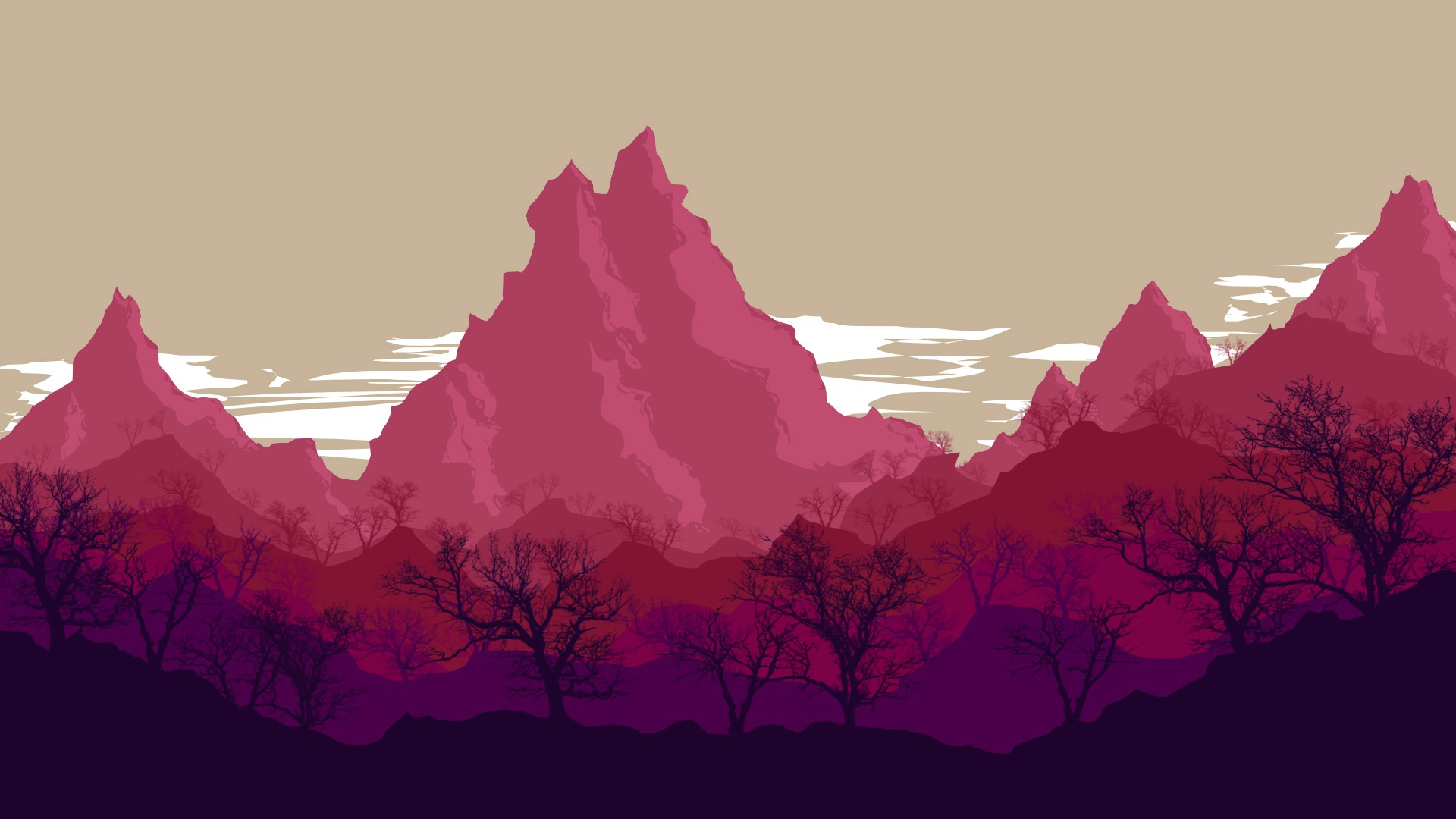 mountains, Digital art, Artwork, Trees, Pink, Sky, Nature, Clouds Wallpaper