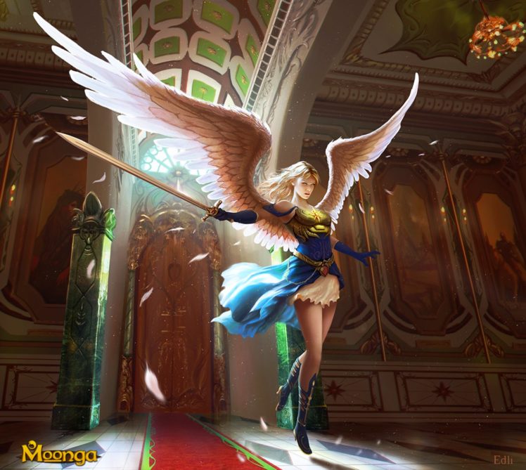 angel, Warrior, Sword, Fantasy, Dress, Blue, Light, Wings, Blonde HD Wallpaper Desktop Background