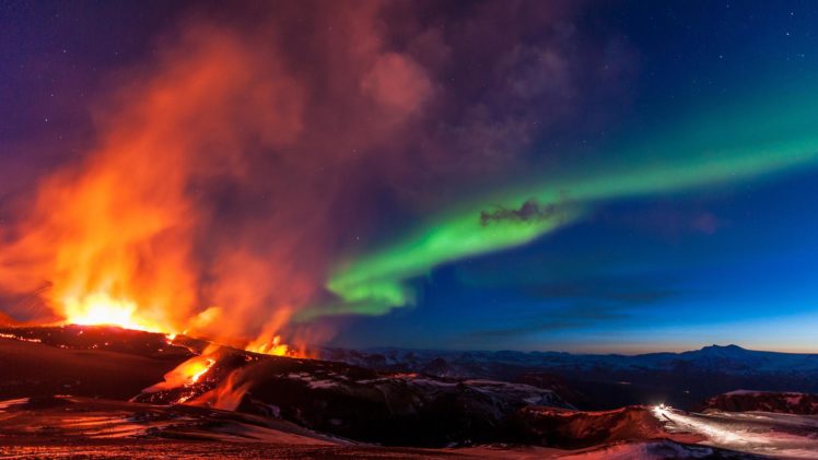 aurorae, Volcano, Nature, Sky, Landscape, Colorful HD Wallpaper Desktop Background