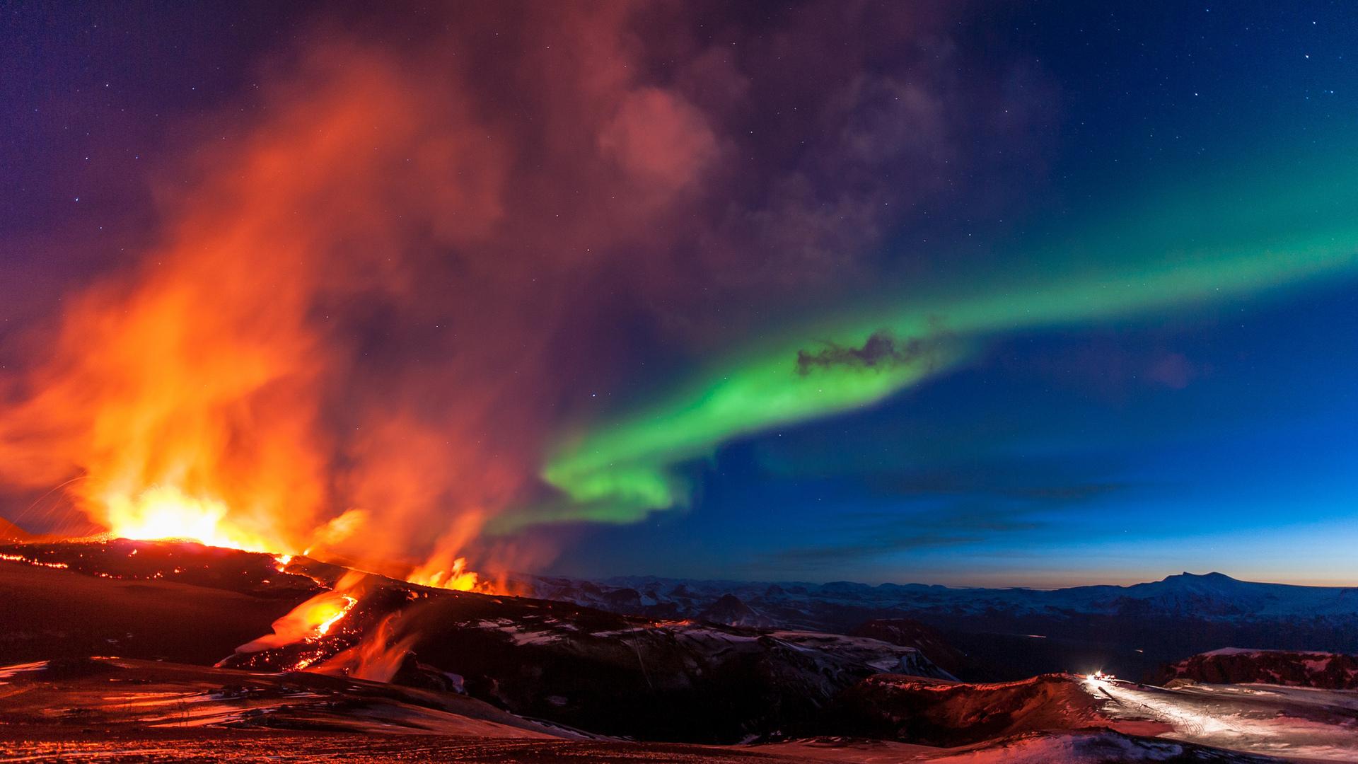 aurorae, Volcano, Nature, Sky, Landscape, Colorful Wallpaper