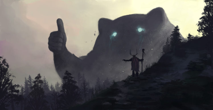 druids, Spirits, Thumbs up, Fantasy art, Forest, Mountains, Mist, Giant HD Wallpaper Desktop Background