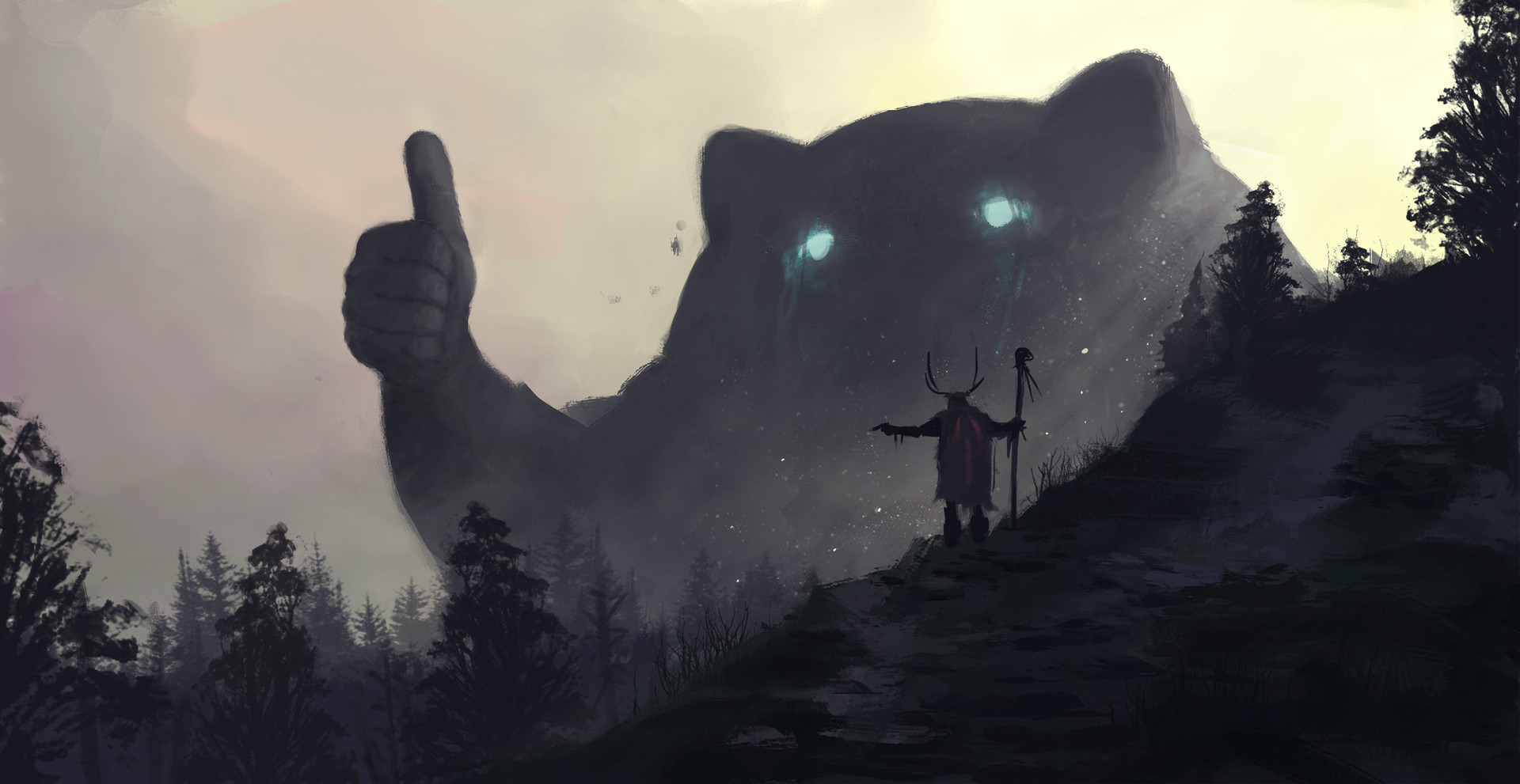 druids, Spirits, Thumbs up, Fantasy art, Forest, Mountains, Mist, Giant Wallpaper