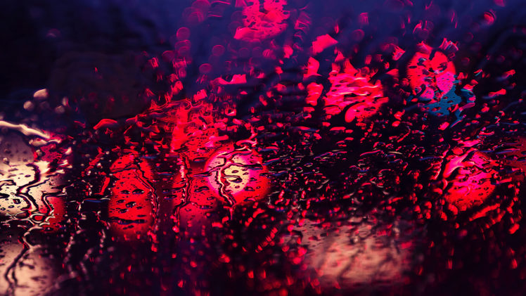 red, Lights, Rain, Water on glass, Water drops HD Wallpaper Desktop Background