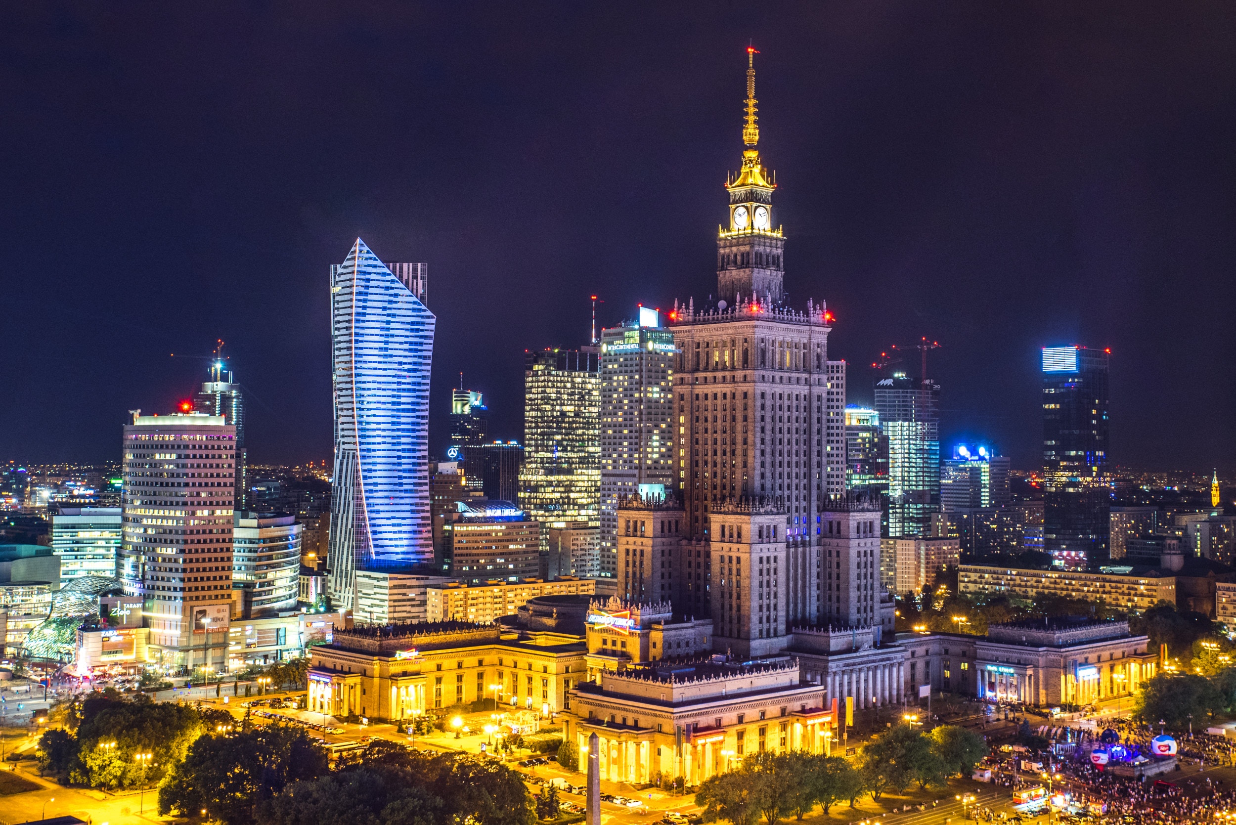 city, Skycrapers, Poland, Night, Lights, Warsaw, HDR Wallpaper