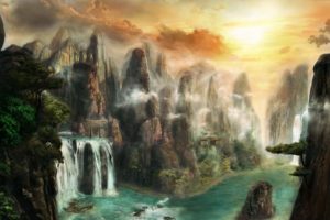 artwork, Fantasy art, River, Waterfall, Mountains, Asian architecture