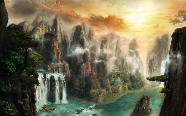 artwork, Fantasy art, River, Waterfall, Mountains, Asian architecture HD Wallpaper Desktop Background
