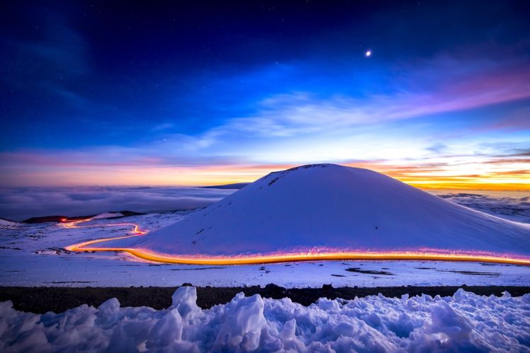 landscape, Road, Sunset, Snow, Long exposure, Hills, Light trails, Moon HD Wallpaper Desktop Background