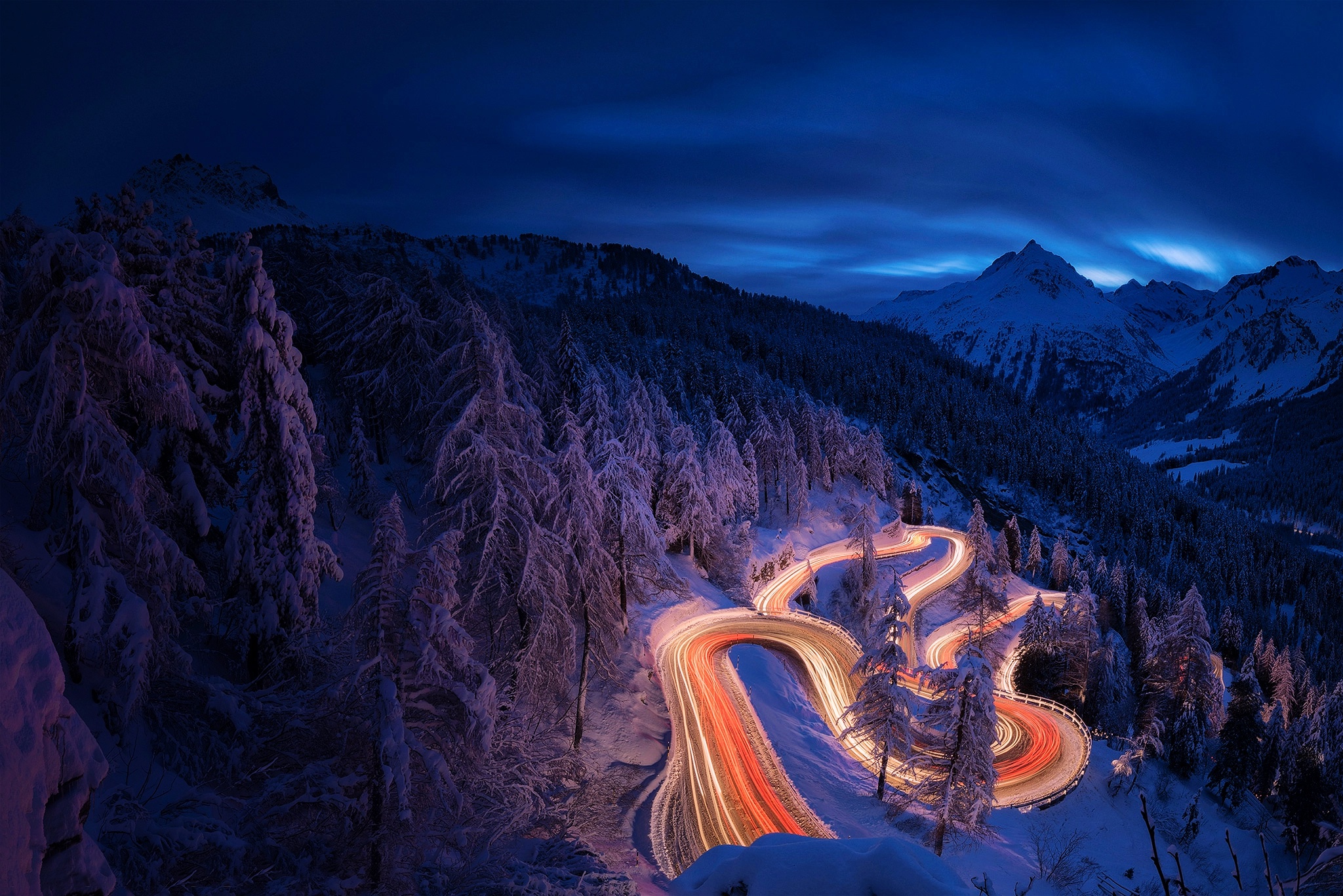 landscape, Road, Night, Snow, Winter Wallpaper