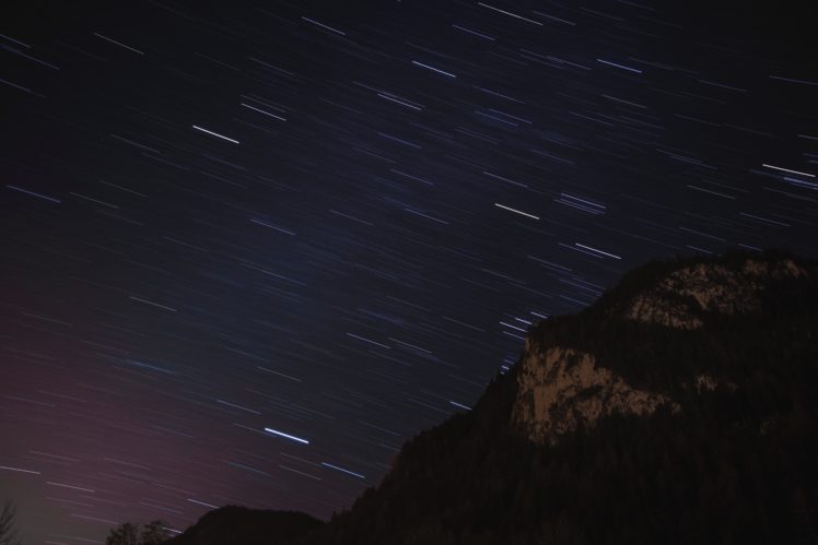 mountains, Night, Landscape, Forest, Starry night, Nature, Stars, Long exposure HD Wallpaper Desktop Background