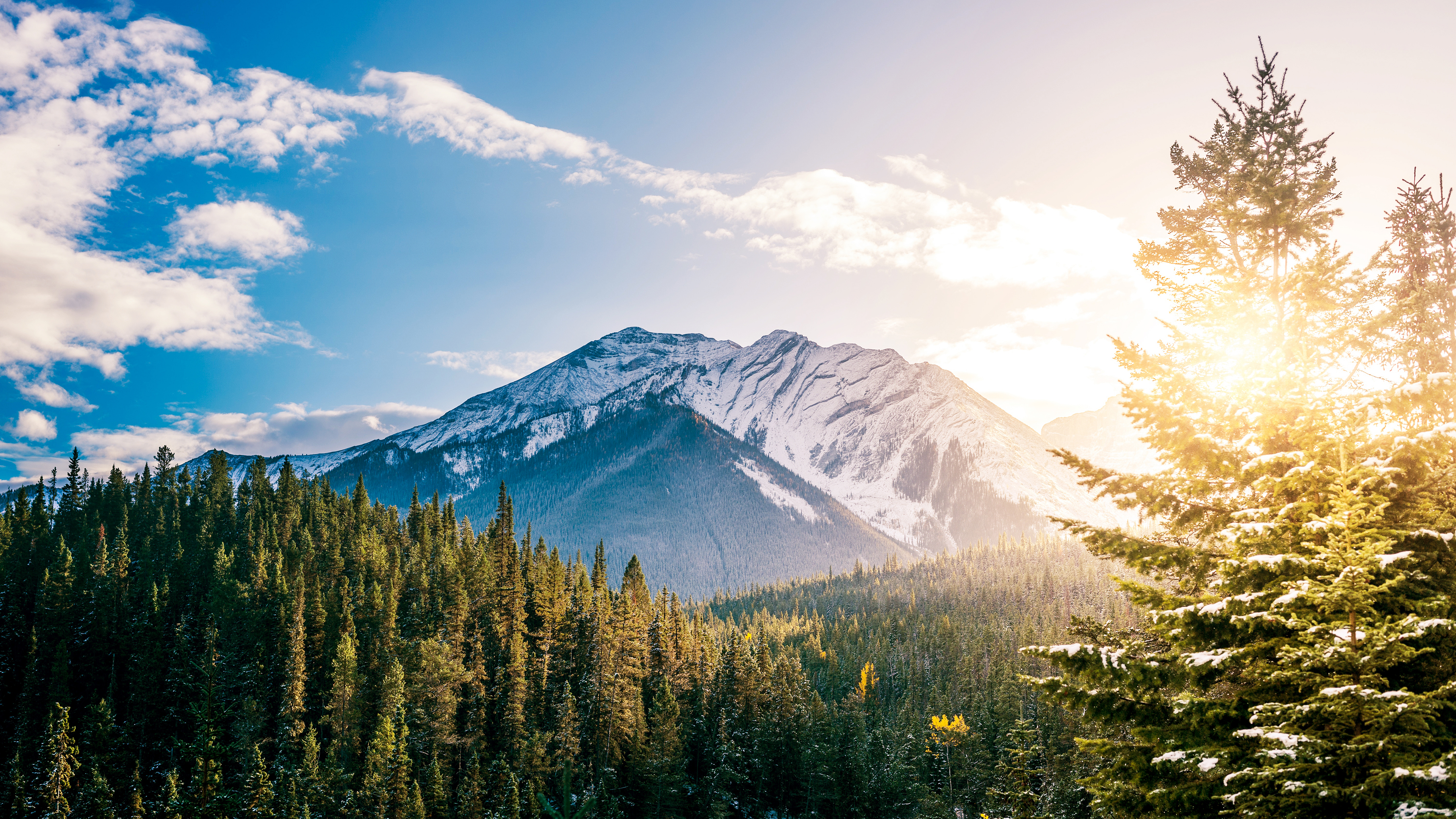 landscape, Mountains, Clouds, Forest, Nature, Sunlight, Snowy peak Wallpaper