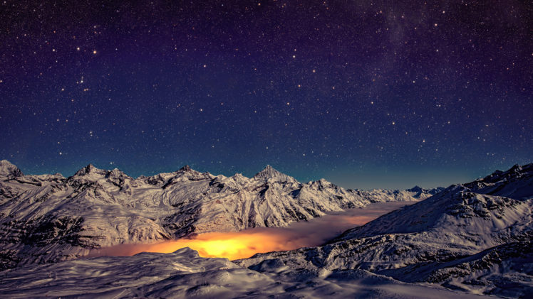 landscape, Nature, Mountains, Panoramas, Night, Switzerland, Stars, Snow, Alps, Long exposure, Mist HD Wallpaper Desktop Background