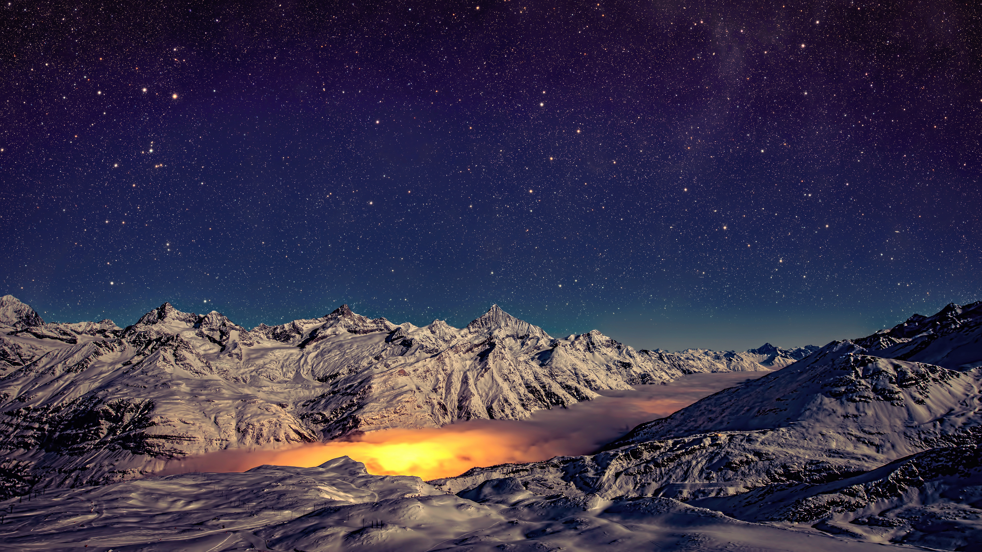 landscape, Nature, Mountains, Panoramas, Night, Switzerland, Stars, Snow, Alps, Long exposure, Mist Wallpaper