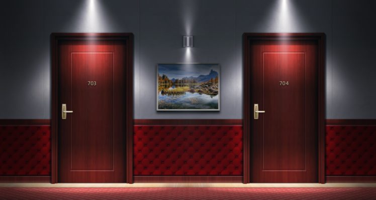 hallway, Door, Lights, Hotel, Wall lamps, Carpet HD Wallpaper Desktop Background