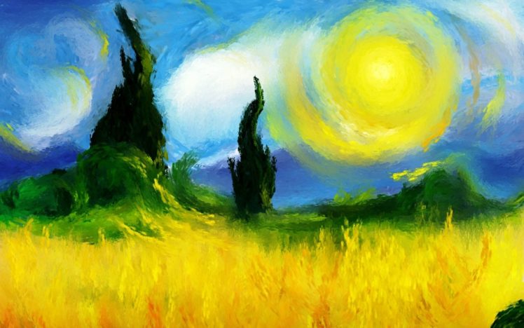 paintings, Clouds, Nature, Sun, Trees, Fields, Impressionist, Painting HD Wallpaper Desktop Background
