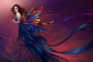 girl, Painting, Fantasy, Wings, Color, Dress, Butterfly, Smile