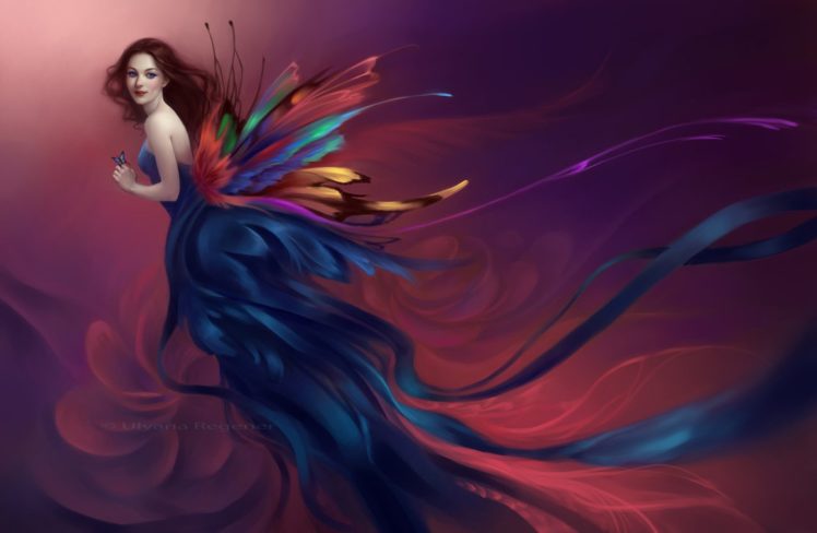 girl, Painting, Fantasy, Wings, Color, Dress, Butterfly, Smile HD Wallpaper Desktop Background