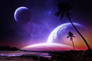 planets, Palms, Fantasy, Dreams, Colorful, Beaches, Space, Stars, Galaxy, Worlds, Earth